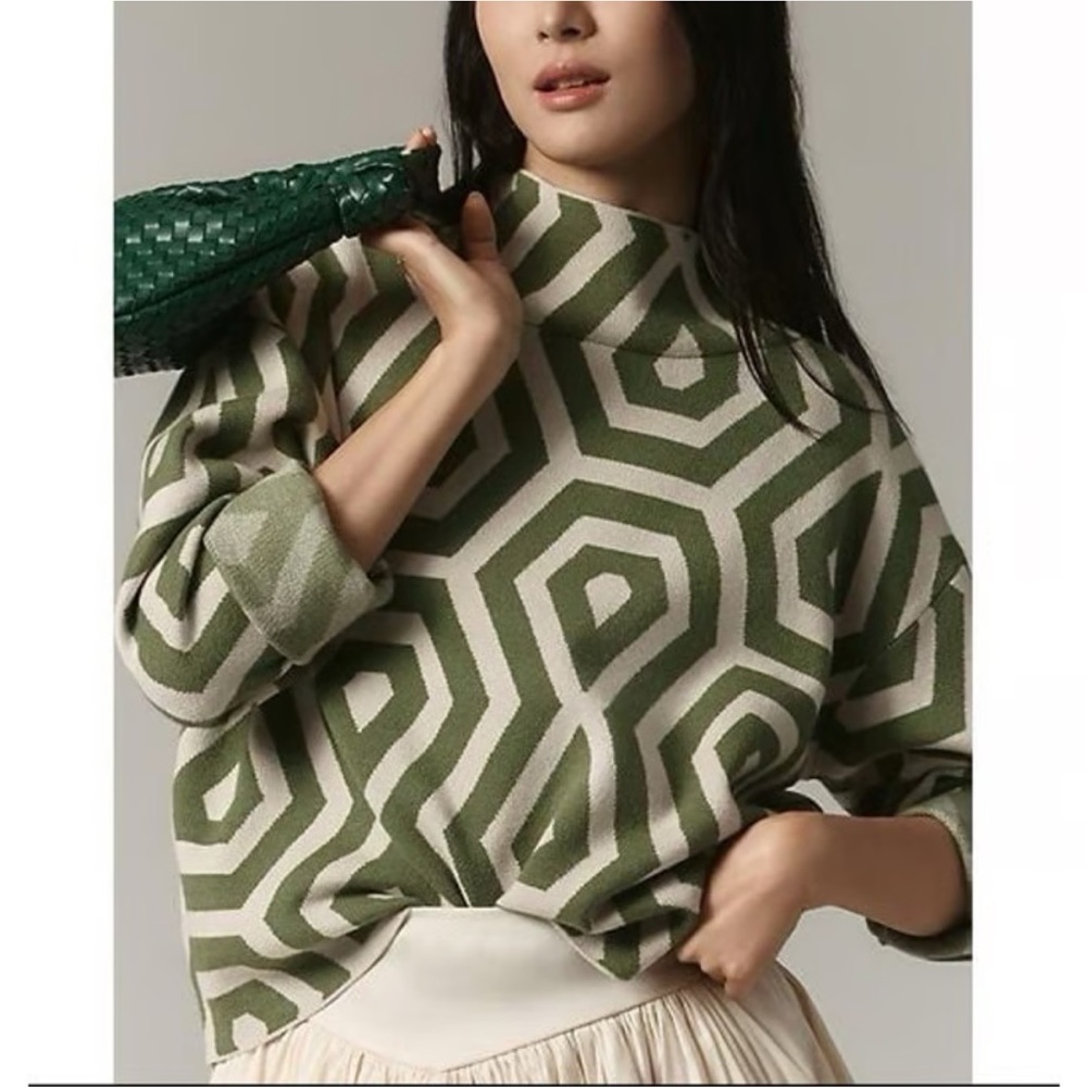 Maeve Green and Cream Geometric Sweater